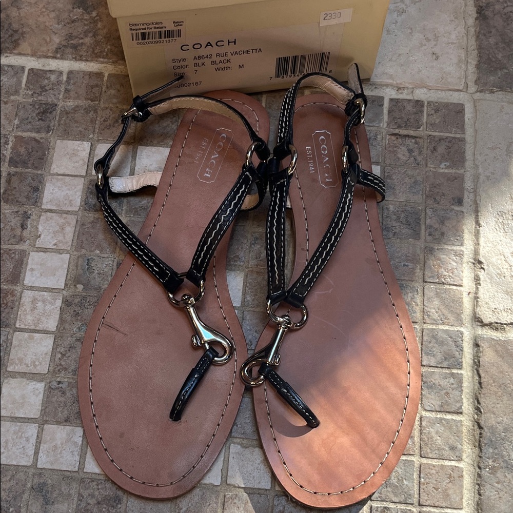 Coach Rue Vachetta  Black Leather T-Strap Sandals with Silver Hardware Sz 7 - Picture 2 of 7